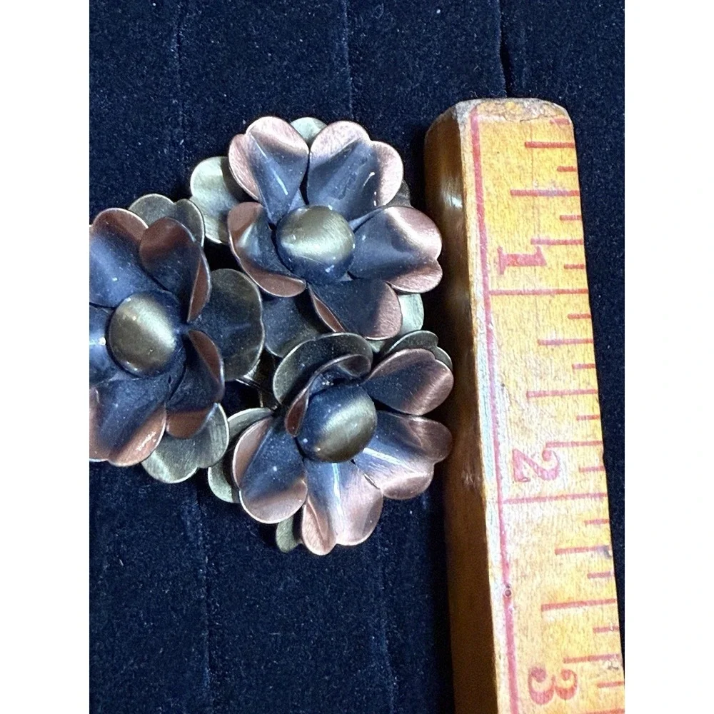 Vintage Unsigned Brooch Copper Brass 3 Flowers Large Artisan Made Pin